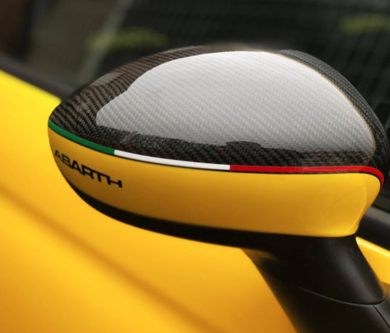 FIAT 500 Mirror Covers - Carbon Fiber - White w/ ABARTH + Italian Flag  Design