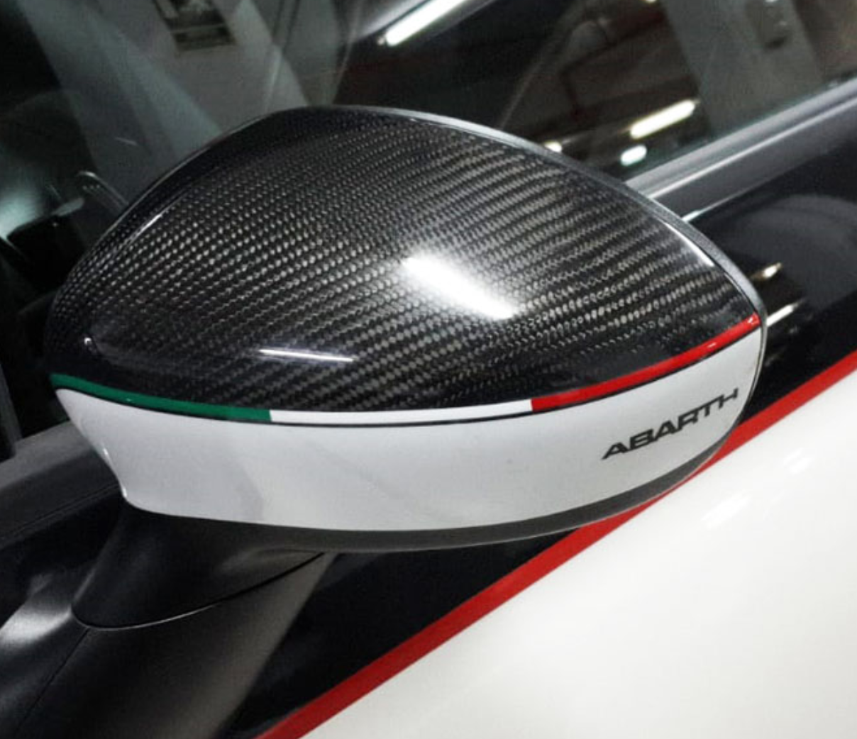 FIAT 500 Mirror Covers - Carbon Fiber - White w/ ABARTH + Italian Flag  Design